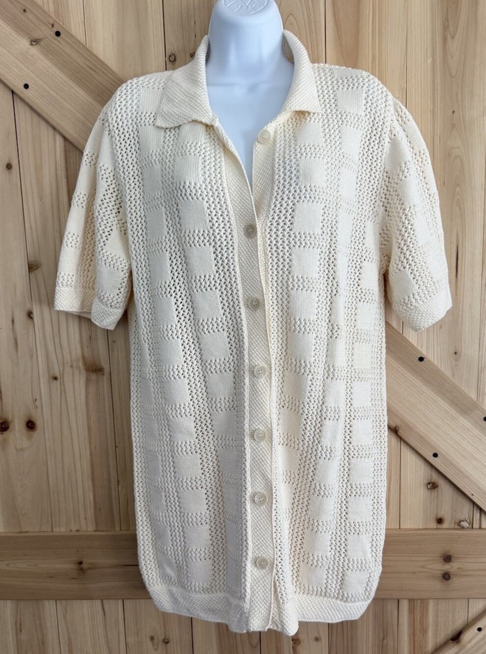 Bae. Maternity Open Knit 100% Cotton Button Up Short Sleeve Vanilla Dress Sz S - Picture 1 of 9